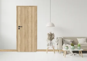 Interiérové dvere dub halifax v minimalistickej obývačke.
