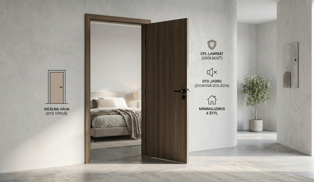 Moderné plné interiérové dvere s odolným CPL laminátom a pevnou DTD výplňou v minimalistickom interiéri vedúcom do spálne