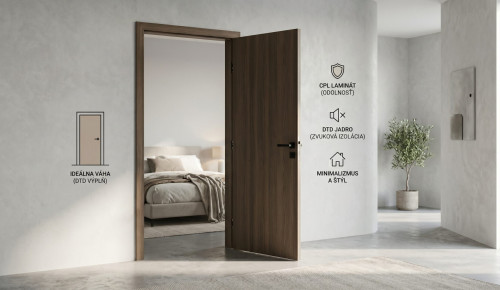 Moderné plné interiérové dvere s odolným CPL laminátom a pevnou DTD výplňou v minimalistickom interiéri vedúcom do spálne