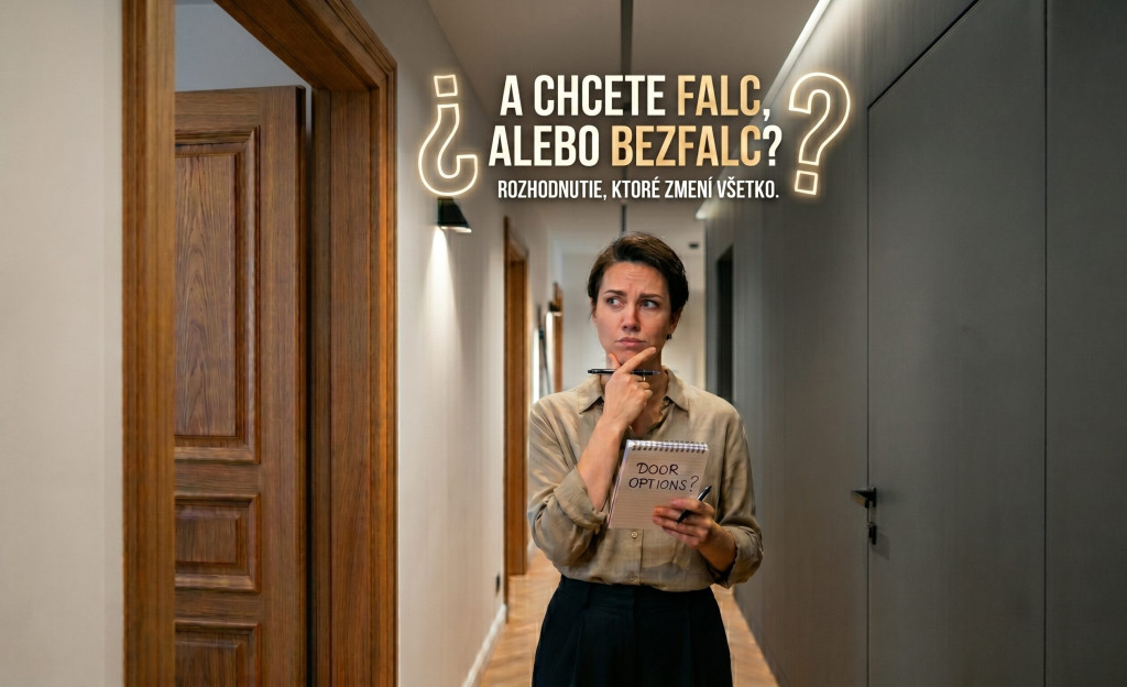 Žena v chodbe s poznámkovým blokom v ruke premýšľa nad výberom dverí. Naľavo sú klasické falcové dvere s viditeľným pántom, napravo moderné bezfalcové dvere splývajúce so stenou. Nad ňou svieti neónový nápis: „A CHCETE FALC, ALEBO BEZFALC? ROZHODNUTIE, KTORÉ ZMENÍ VŠETKO.“