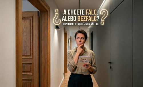 Žena v chodbe s poznámkovým blokom v ruke premýšľa nad výberom dverí. Naľavo sú klasické falcové dvere s viditeľným pántom, napravo moderné bezfalcové dvere splývajúce so stenou. Nad ňou svieti neónový nápis: „A CHCETE FALC, ALEBO BEZFALC? ROZHODNUTIE, KTORÉ ZMENÍ VŠETKO.“