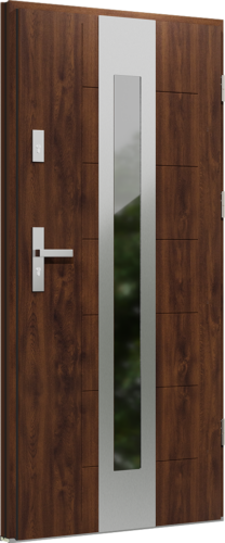 Vchodové dvere Nicolo 05 KR Center – moderné dvere s nerezovým pásom po celej výške krídla a pozdĺžnym presklením