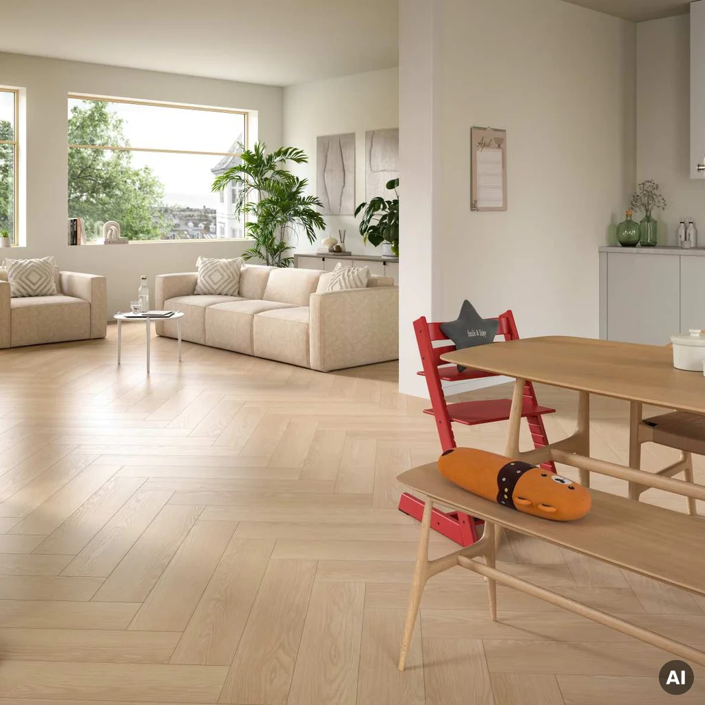 Laminátová podlaha Egger Dub Baronia pieskový AC4 Herringbone - ukážka v interiéri