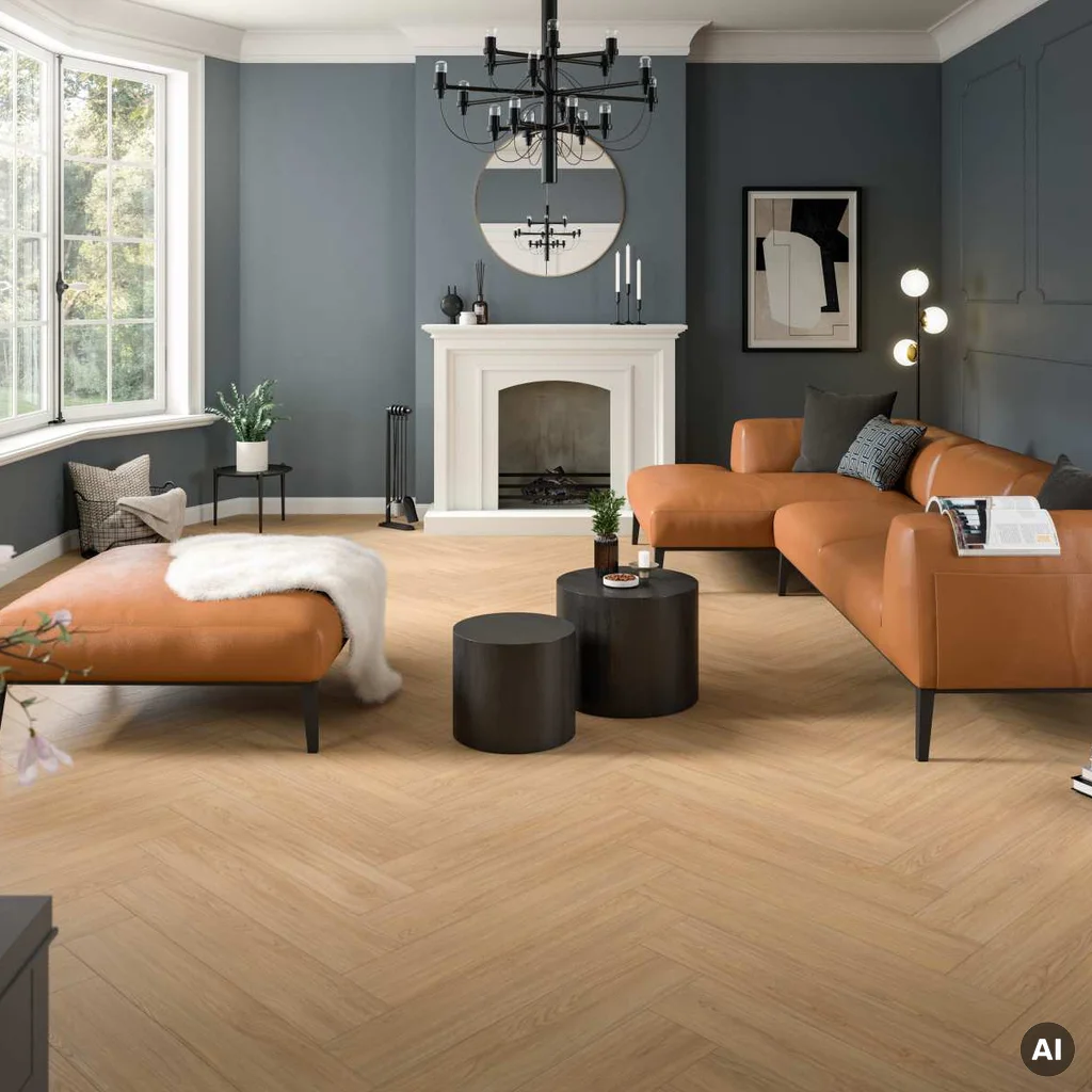 Laminátová podlaha Egger Dub Casella prírodný AC4 Herringbone - ukážka v interiéri